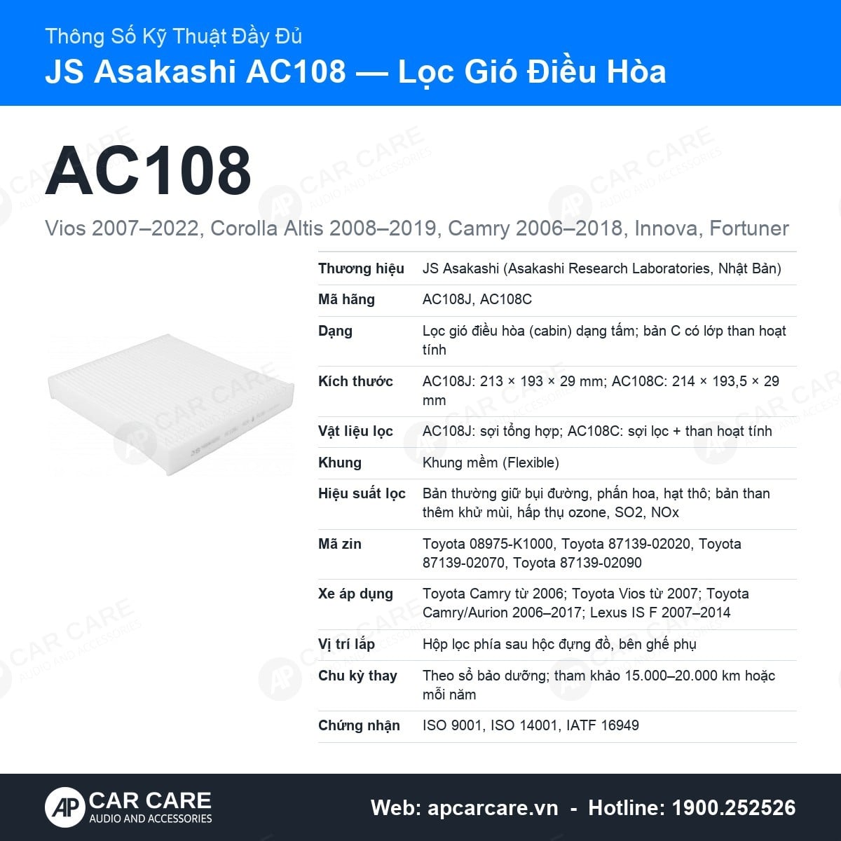 Thông số kỹ thuật đầy đủ lọc gió điều hòa JS Asakashi AC108: khung, hiệu suất, mã zin, xe áp dụng