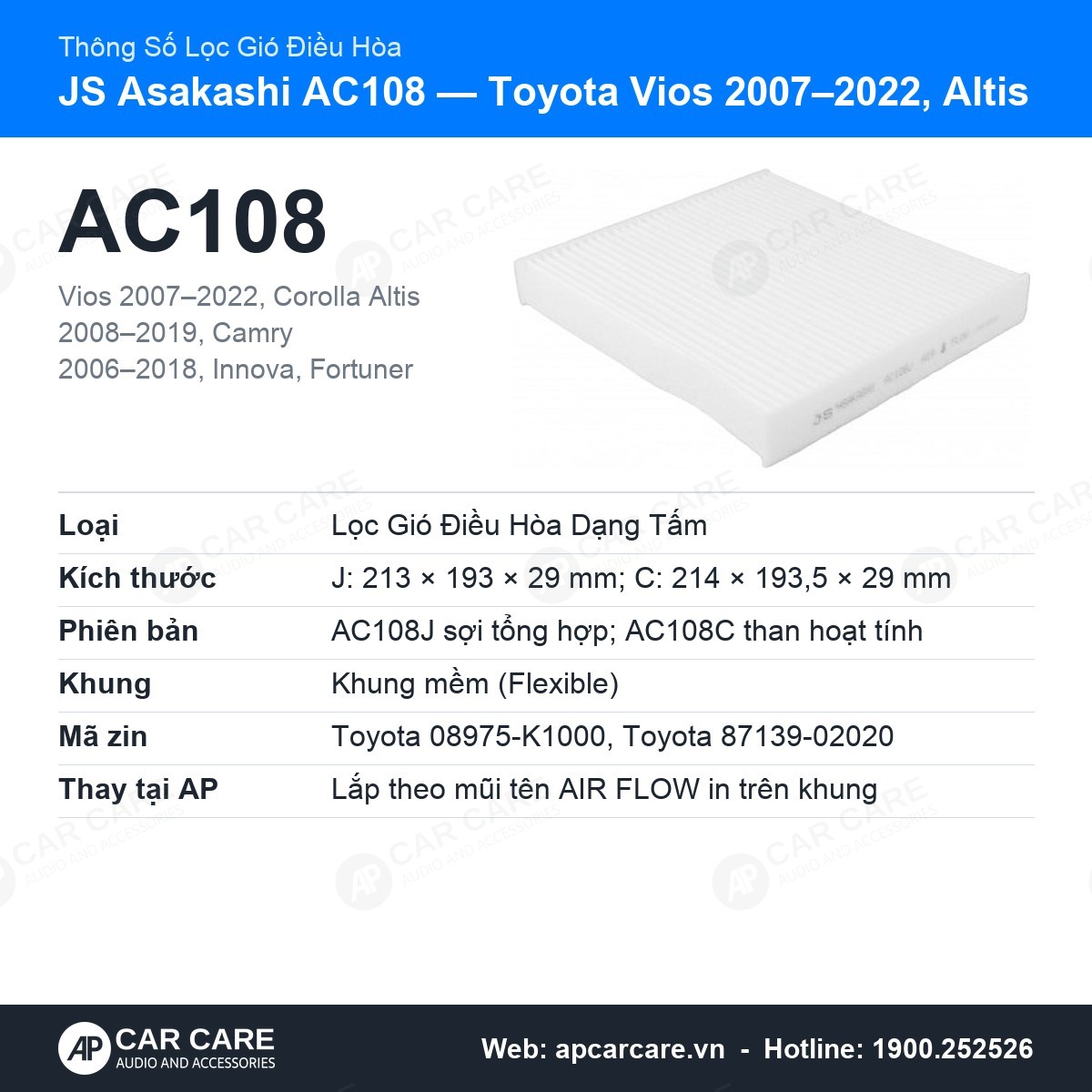 Thẻ thông số lọc gió điều hòa JS Asakashi AC108 cho Toyota Vios 2007–2022, Altis: kích thước, vật liệu, mã zin