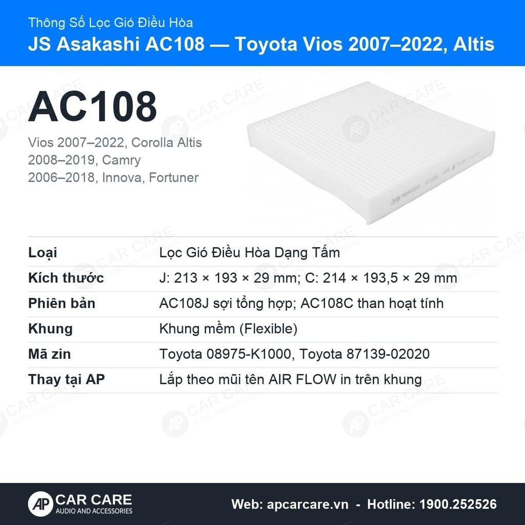 Lọc Gió Điều Hòa Toyota Vios 2007-2022, Altis, Camry JS Asakashi AC108