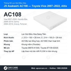 Lọc Gió Điều Hòa Toyota Vios 2007-2022, Altis, Camry JS Asakashi AC108