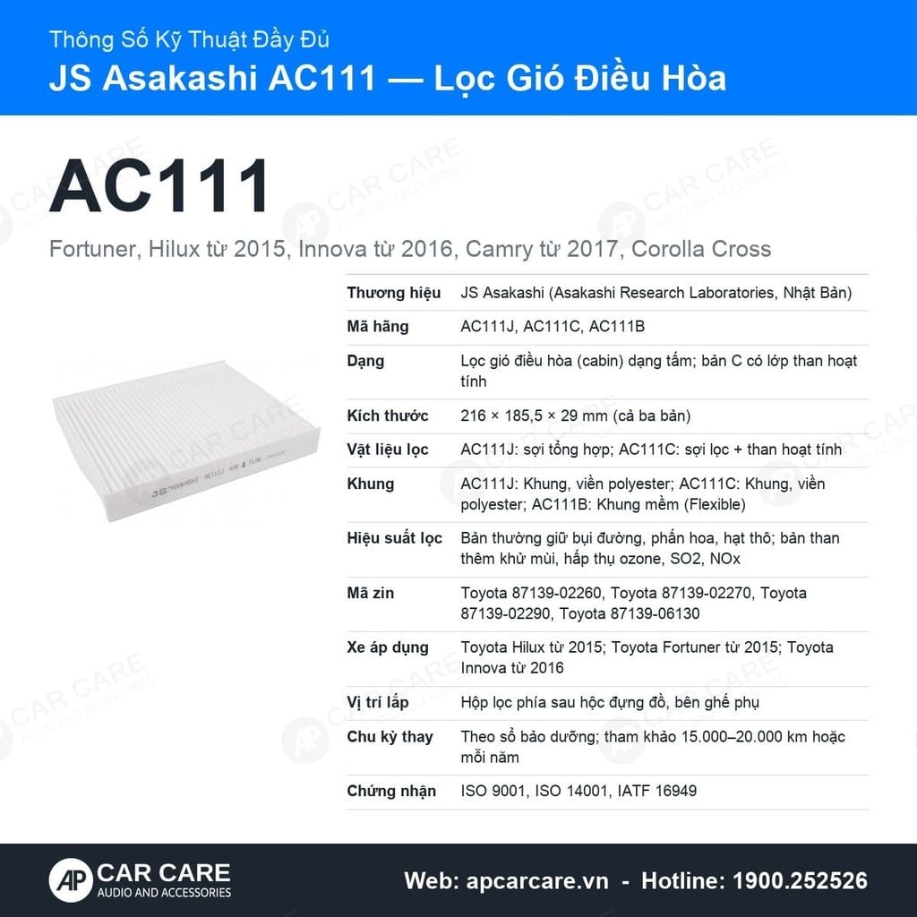 Lọc Gió Điều Hòa Toyota Fortuner, Innova, Hilux JS Asakashi AC111