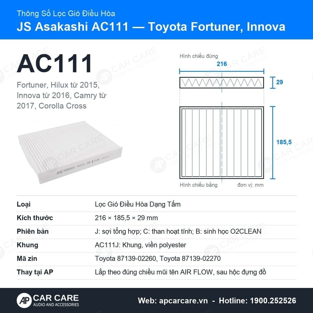 Lọc Gió Điều Hòa Toyota Fortuner, Innova, Hilux JS Asakashi AC111