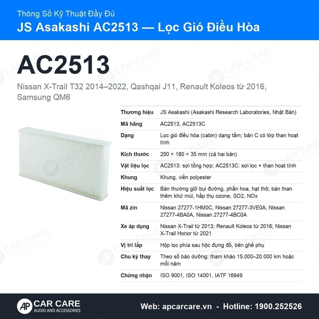 Lọc Gió Điều Hòa Nissan X-Trail T32, Renault Koleos JS Asakashi AC2513