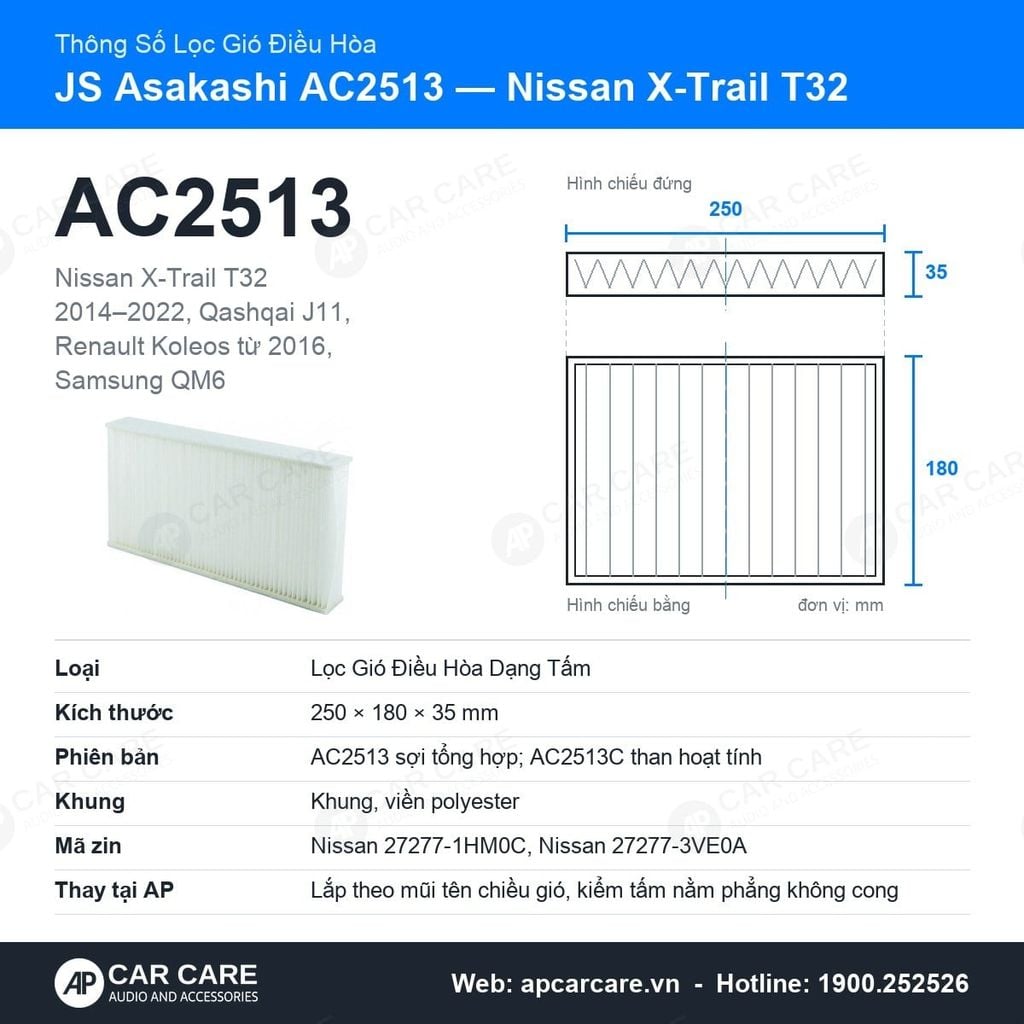 Lọc Gió Điều Hòa Nissan X-Trail T32, Renault Koleos JS Asakashi AC2513
