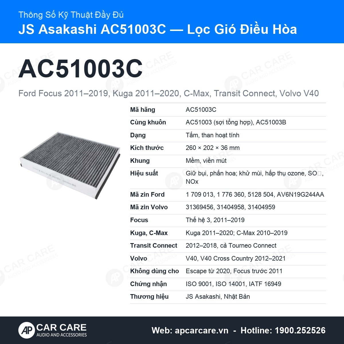 Thông số đầy đủ lọc điều hòa AC51003C: mã zin Ford, Volvo, xe Focus, Kuga, C-Max, Transit Connect, V40
