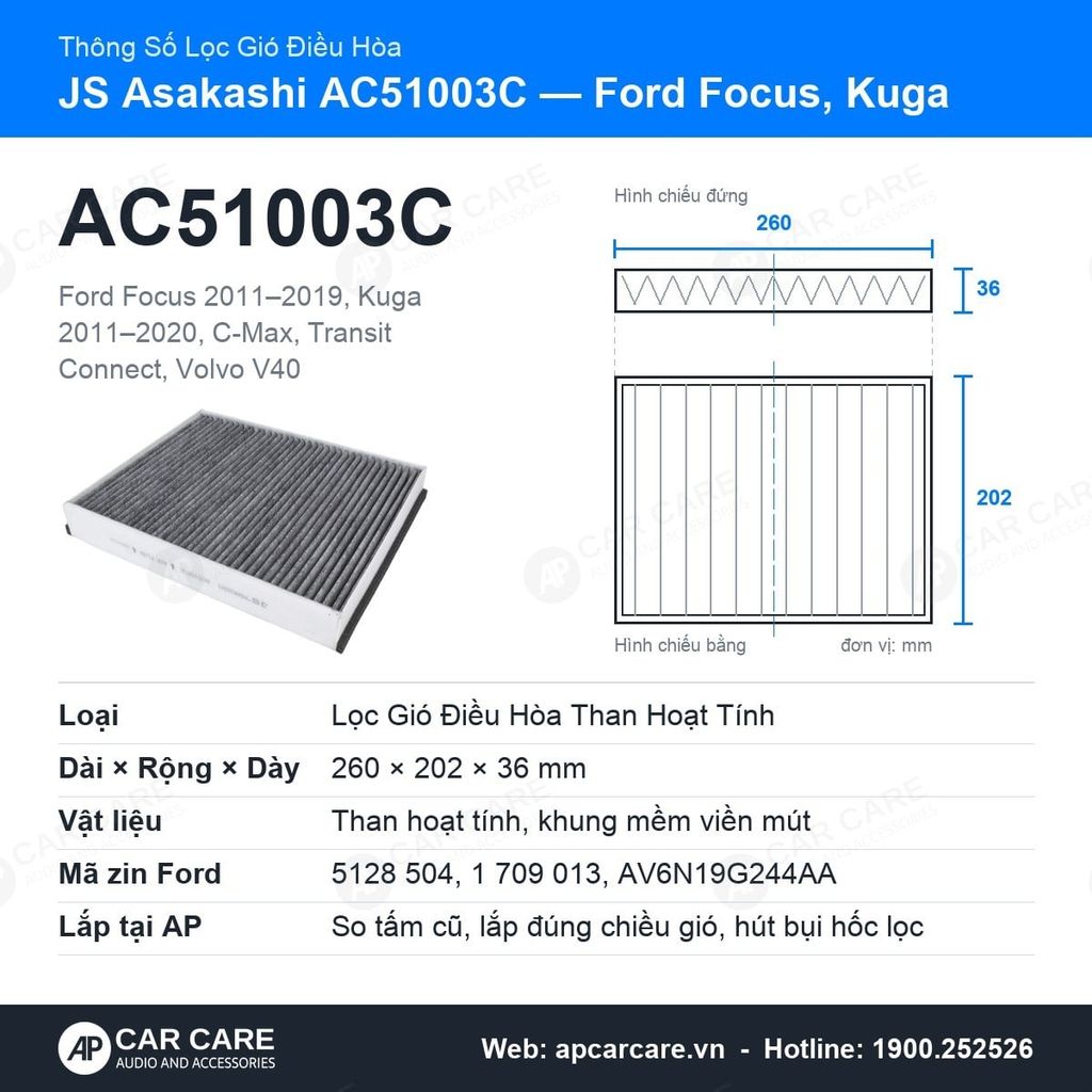 Lọc Gió Điều Hòa Ford Focus 2011-2019, Kuga JS Asakashi AC51003