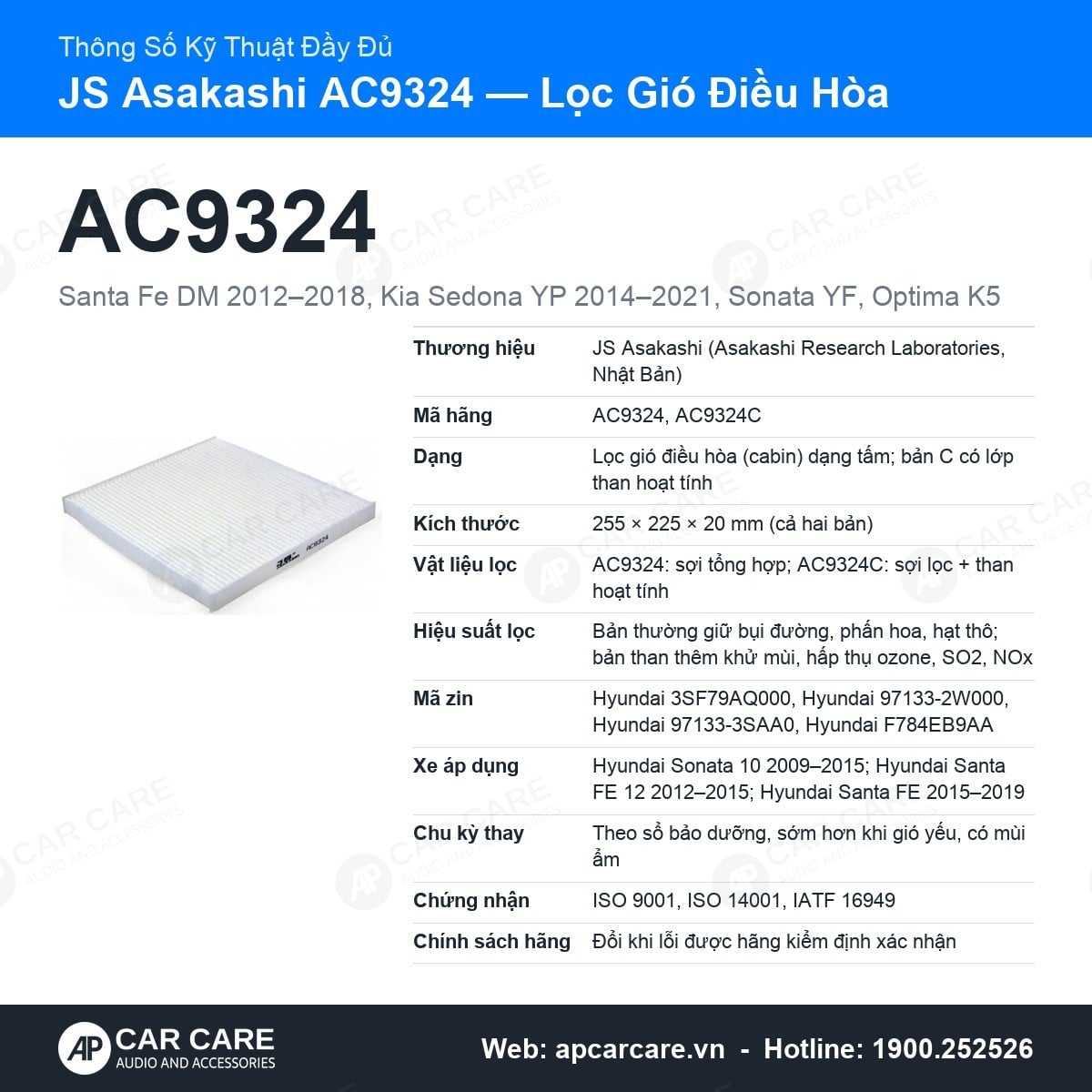 Thông số kỹ thuật đầy đủ lọc gió điều hòa JS Asakashi AC9324: khung, hiệu suất, mã zin, xe áp dụng