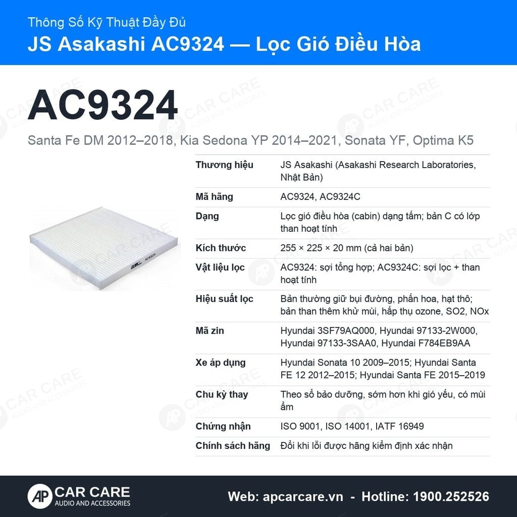 Lọc Gió Điều Hòa Santa Fe 2012-2018, Sedona, Sonata JS Asakashi AC9324