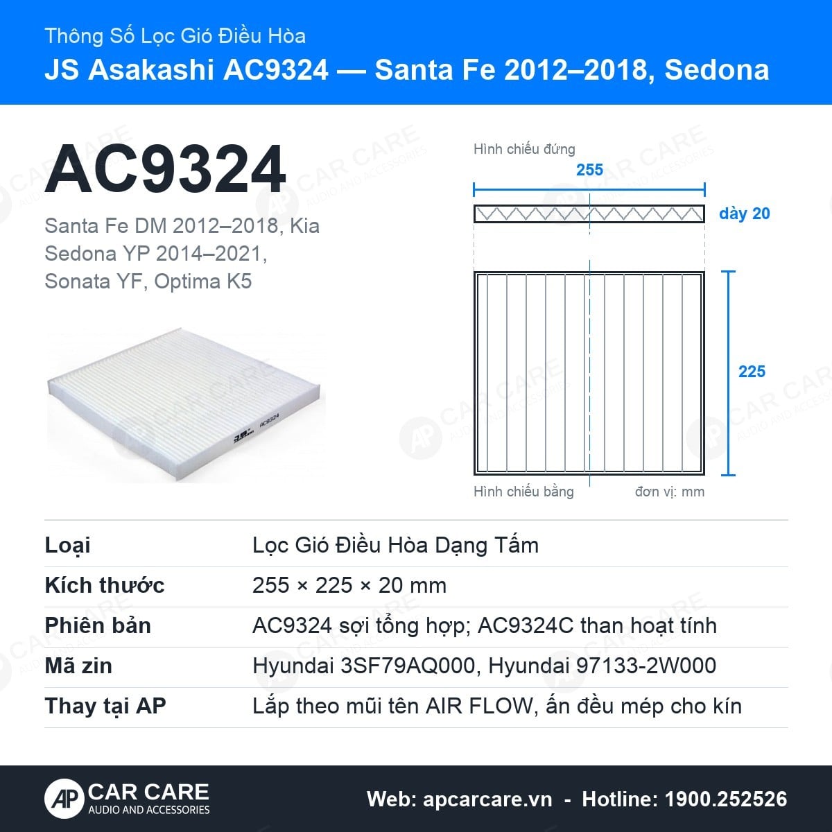 Thẻ thông số lọc gió điều hòa JS Asakashi AC9324 cho Santa Fe 2012–2018, Sedona: kích thước, vật liệu, mã zin