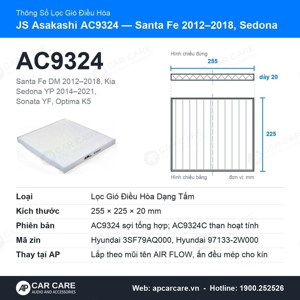 Lọc Gió Điều Hòa Santa Fe 2012-2018, Sedona, Sonata JS Asakashi AC9324
