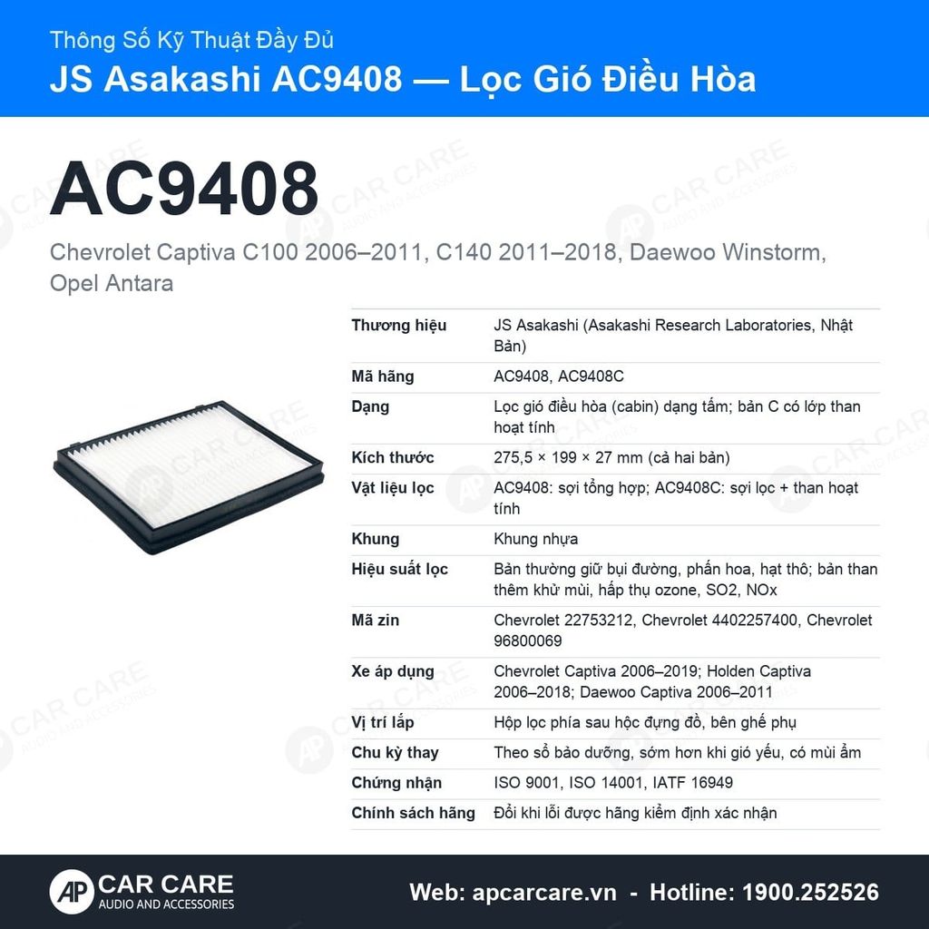 Lọc Gió Điều Hòa Chevrolet Captiva 2006-2018 JS Asakashi AC9408