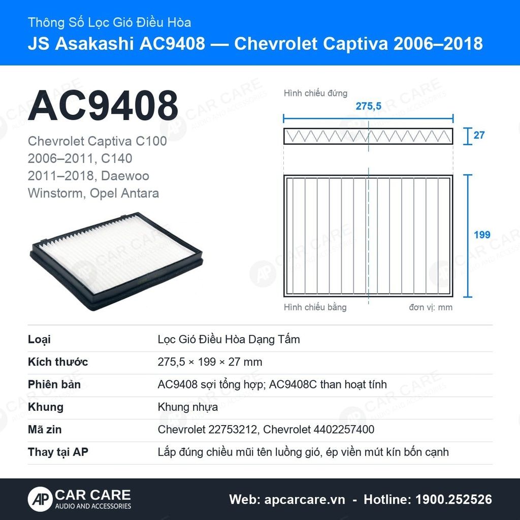 Lọc Gió Điều Hòa Chevrolet Captiva 2006-2018 JS Asakashi AC9408