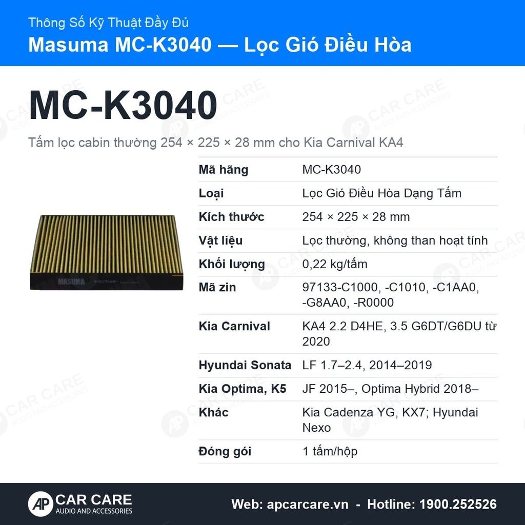 Lọc Gió Điều Hòa Kia Carnival 2020+ Masuma MC-K3040