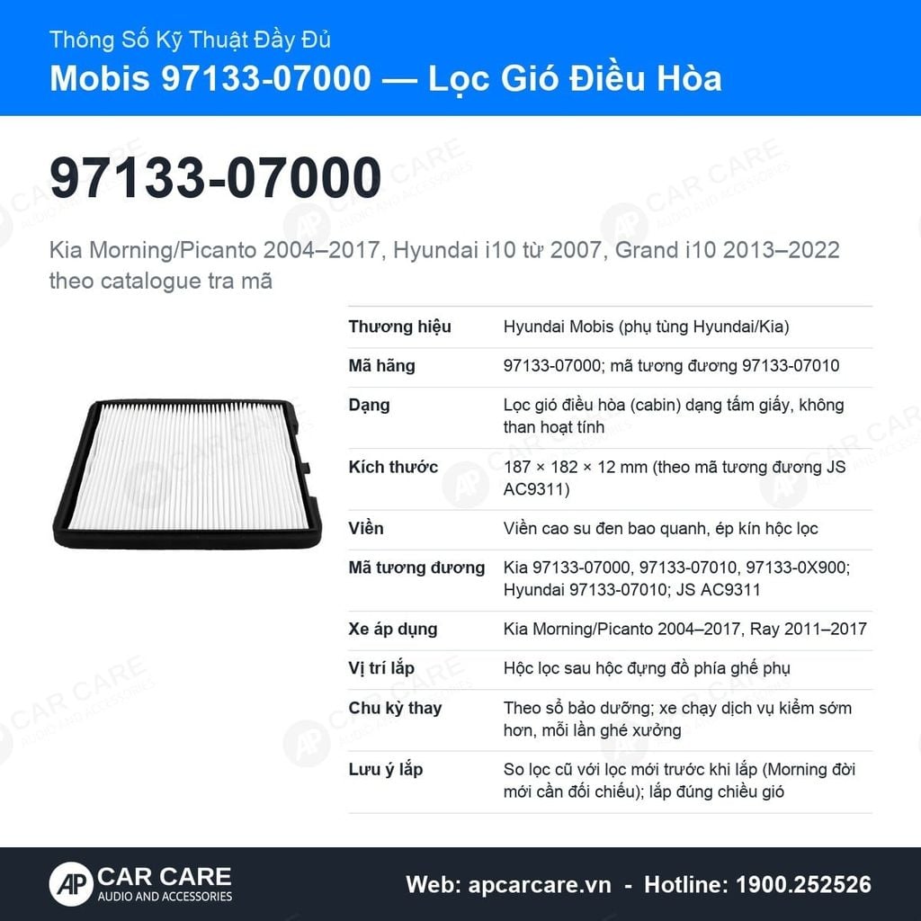 Lọc Gió Điều Hòa Kia Morning, Hyundai i10 Mobis 97133-07000