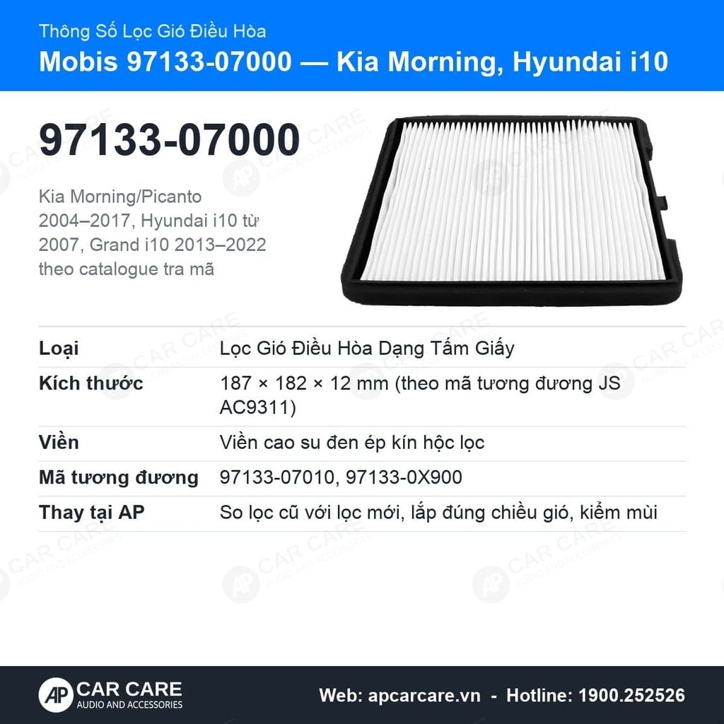 Lọc Gió Điều Hòa Kia Morning, Hyundai i10 Mobis 97133-07000