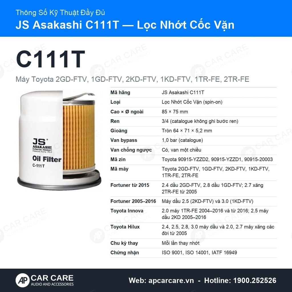 Lọc Nhớt Động Cơ Toyota Fortuner, Innova, Hilux JS Asakashi C111T