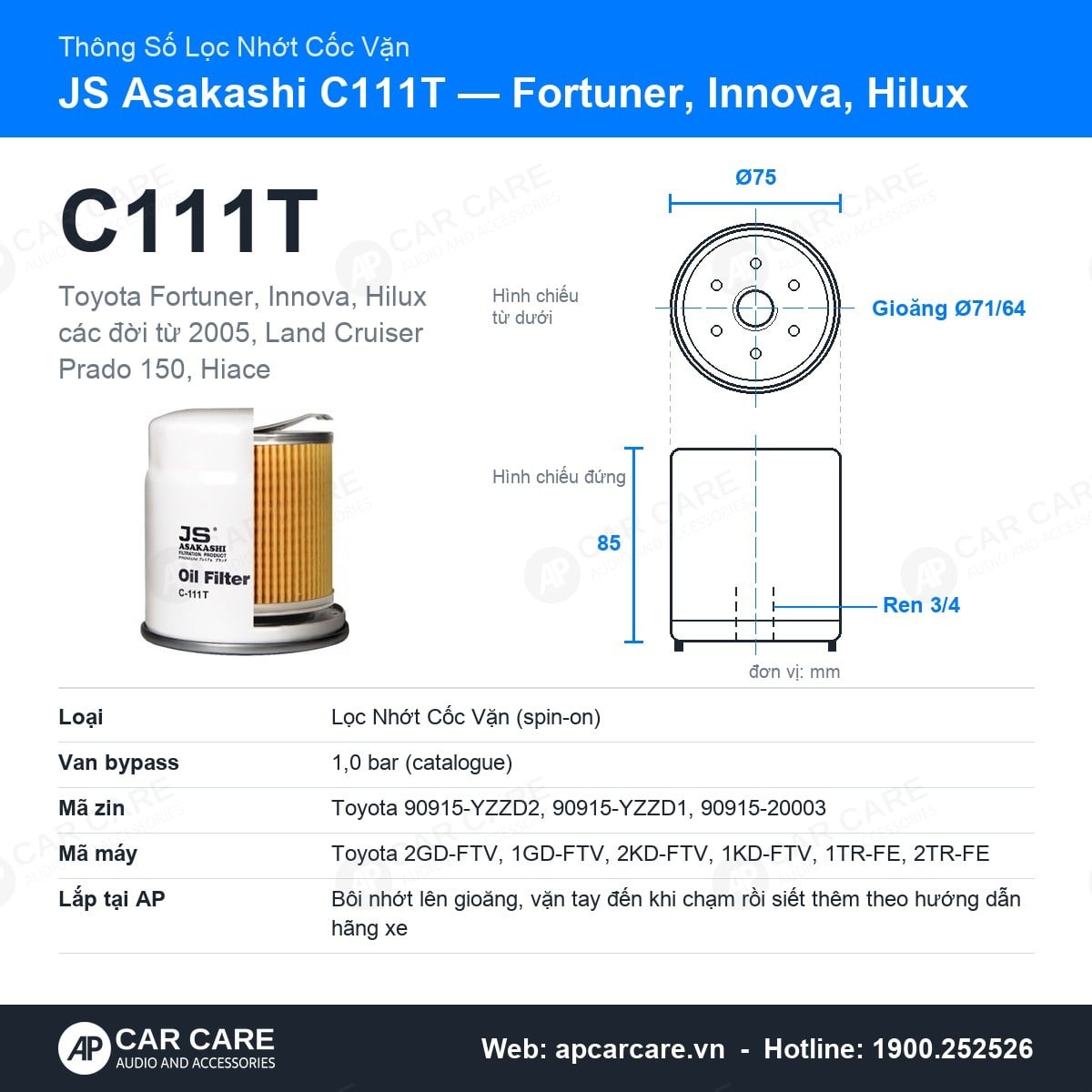 Thẻ thông số chính lọc nhớt cốc vặn JS Asakashi C111T: ảnh sản phẩm, bản vẽ kích thước, mã zin