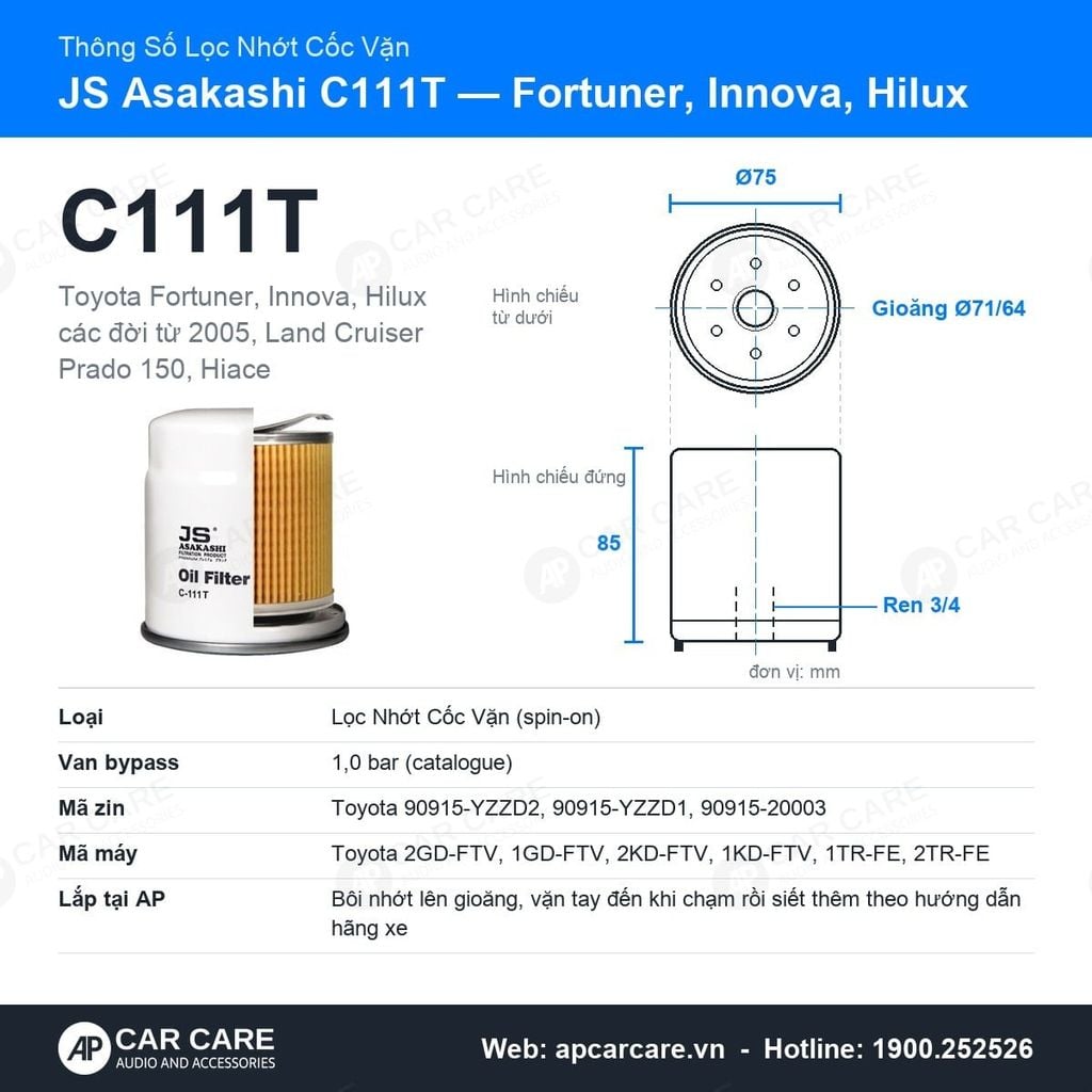 Lọc Nhớt Động Cơ Toyota Fortuner, Innova, Hilux JS Asakashi C111T