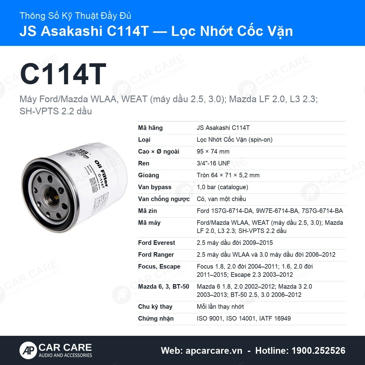 Thẻ thông số kỹ thuật đầy đủ lọc nhớt cốc vặn JS Asakashi C114T: kích thước, mã máy, xe áp dụng