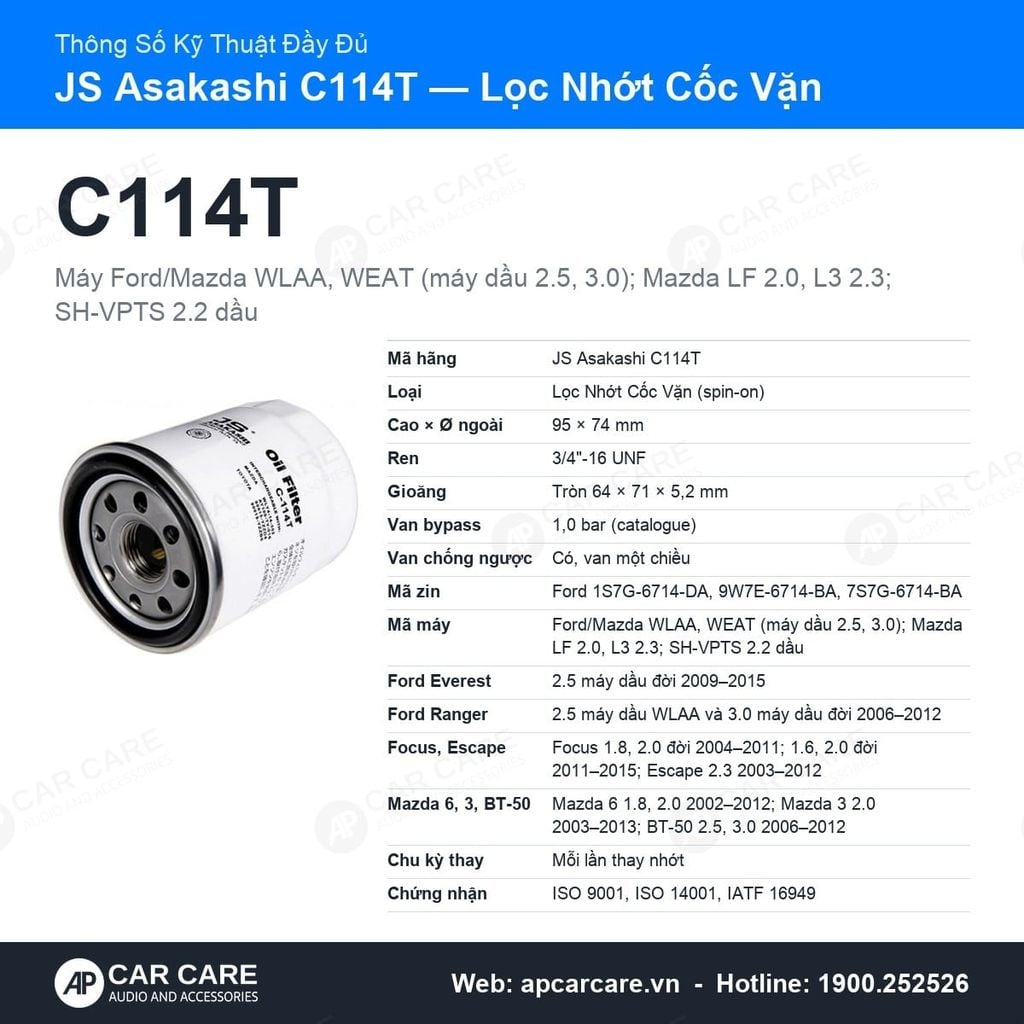 Lọc Nhớt Động Cơ Ford Everest, Ranger 2.5, Mazda 6 JS Asakashi C114T