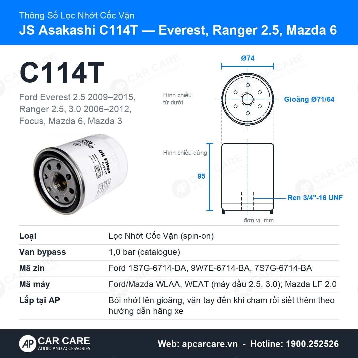 Thẻ thông số chính lọc nhớt cốc vặn JS Asakashi C114T: ảnh sản phẩm, bản vẽ kích thước, mã zin