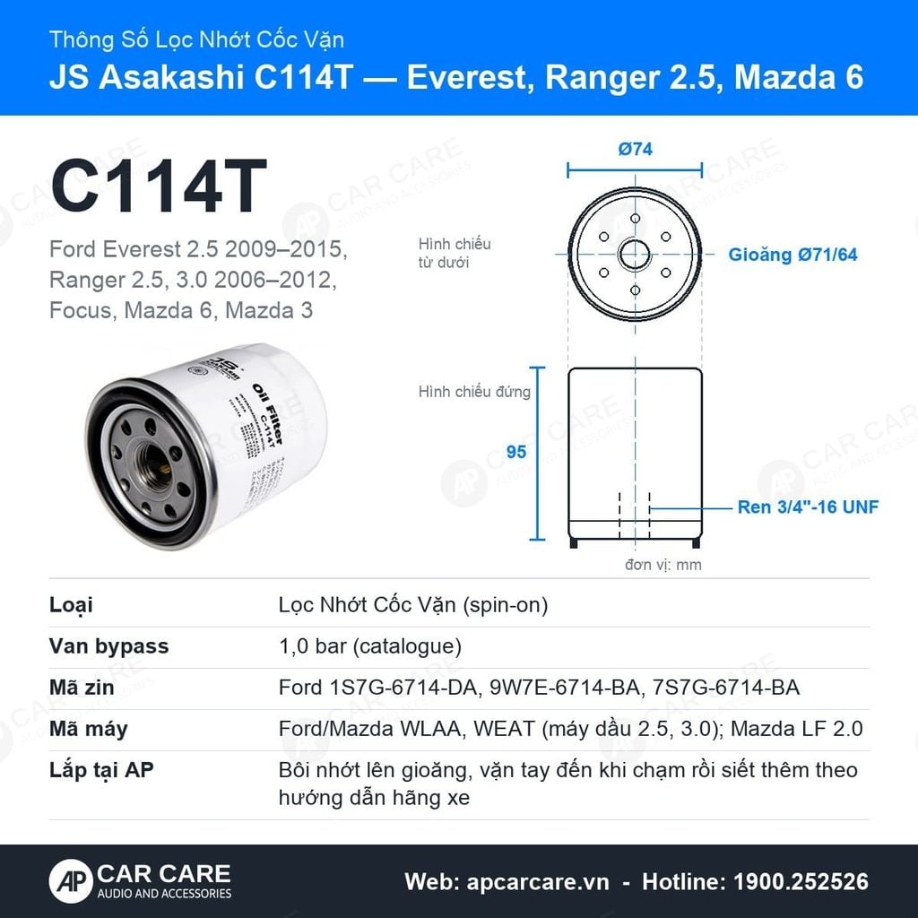 Lọc Nhớt Động Cơ Ford Everest, Ranger 2.5, Mazda 6 JS Asakashi C114T