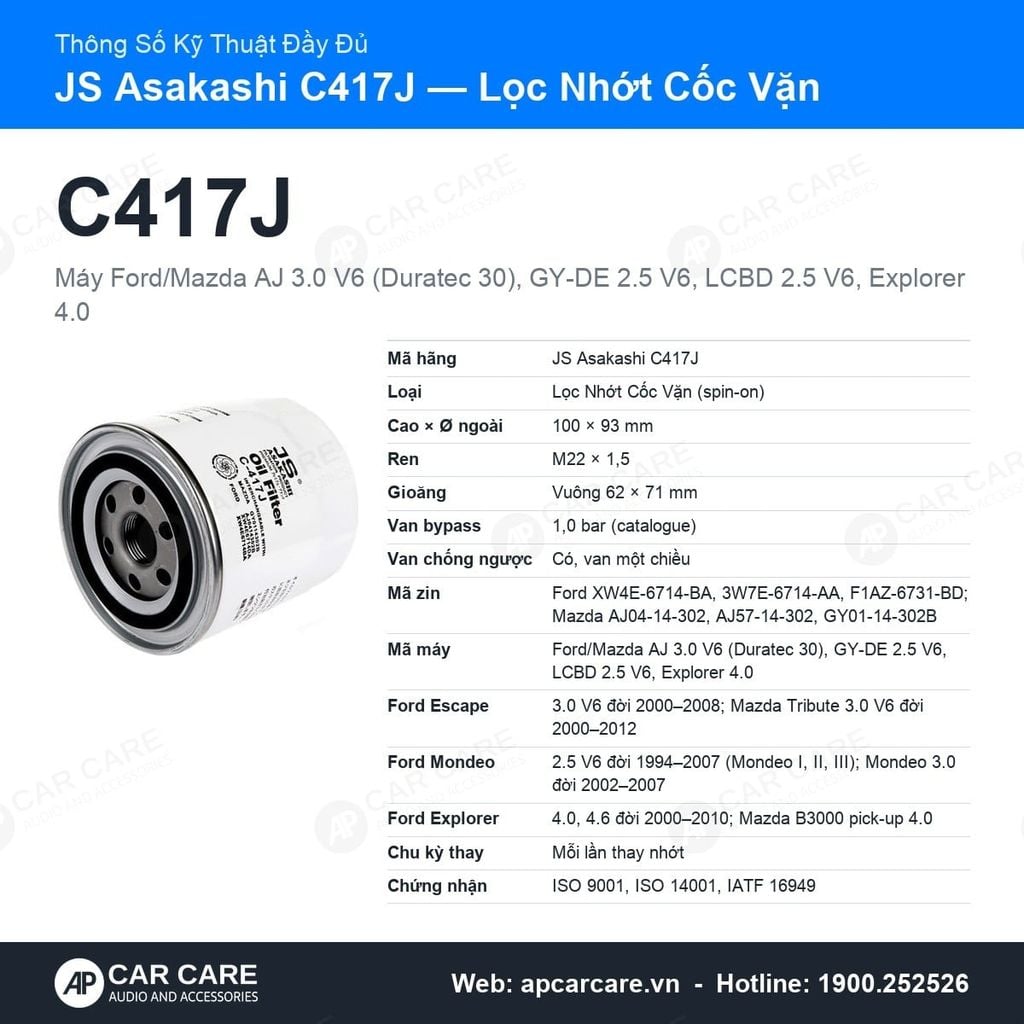 Lọc Nhớt Động Cơ Ford Escape 3.0, Mondeo V6, Tribute JS Asakashi C417J