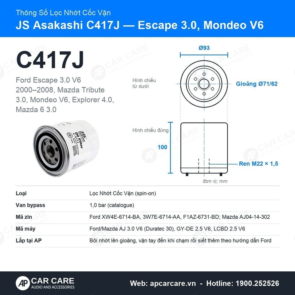 Lọc Nhớt Động Cơ Ford Escape 3.0, Mondeo V6, Tribute JS Asakashi C417J