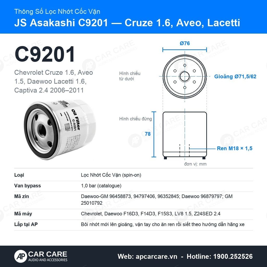 Lọc Nhớt Động Cơ Chevrolet Cruze 1.6, Aveo, Lacetti JS Asakashi C9201