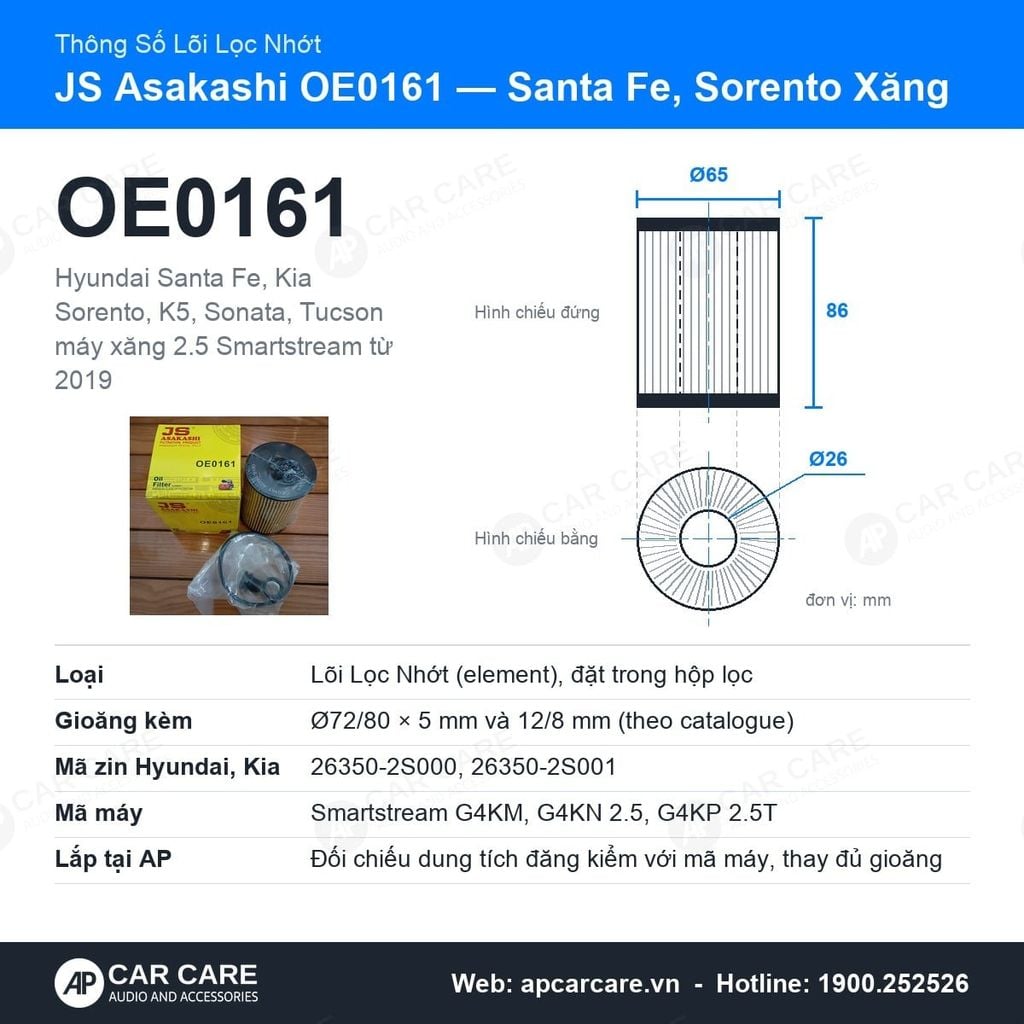 Lọc Nhớt Động Cơ Santa Fe, Sorento, K5 Máy Xăng 2.5 JS Asakashi OE0161