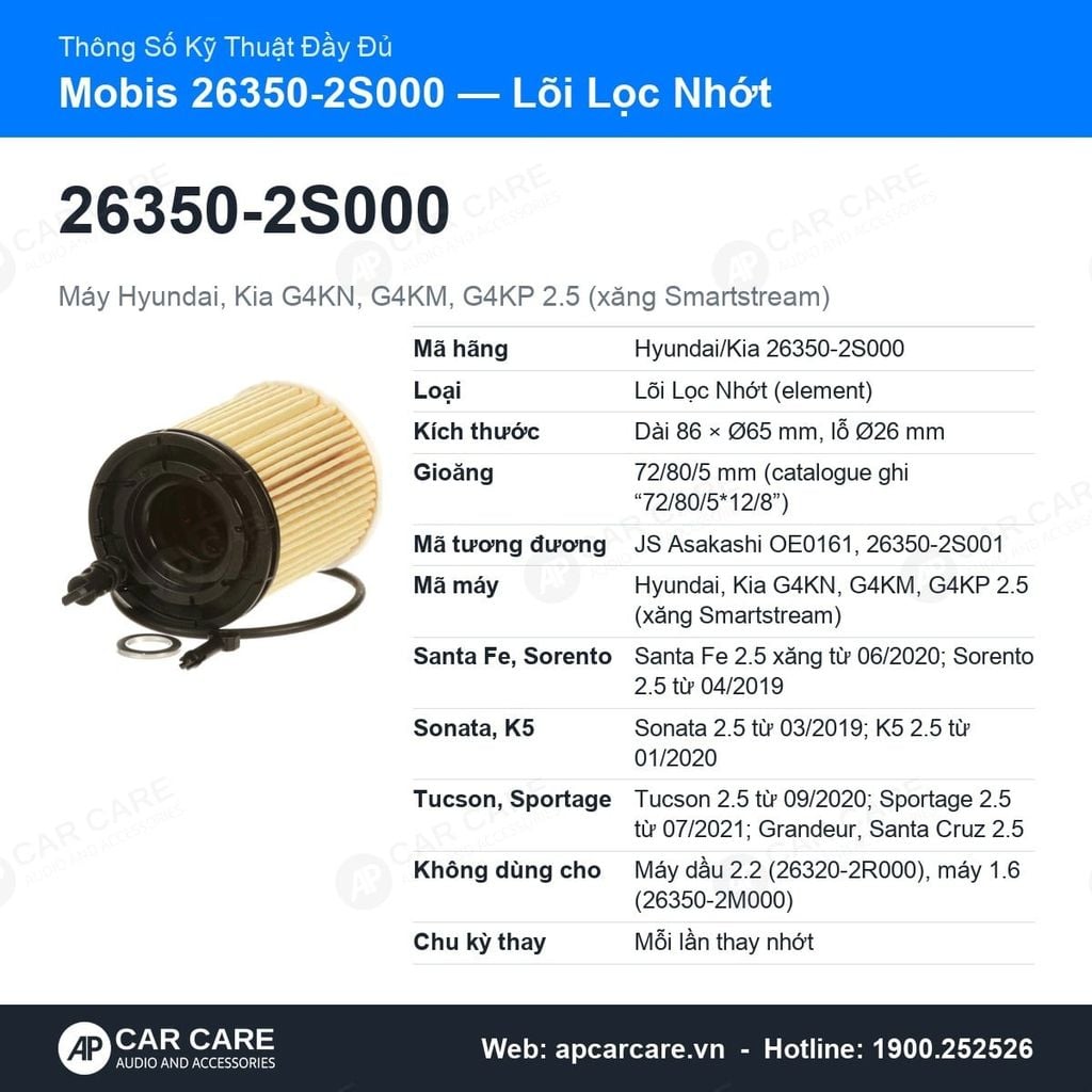 Lọc Nhớt Động Cơ Santa Fe, Sorento, K5, Sportage 2.5 Mobis 26350-2S000