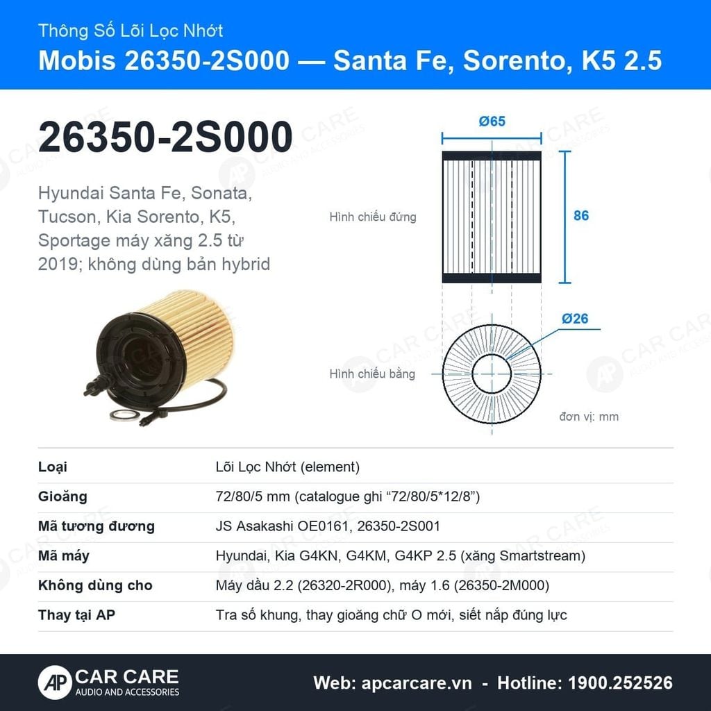 Lọc Nhớt Động Cơ Santa Fe, Sorento, K5, Sportage 2.5 Mobis 26350-2S000