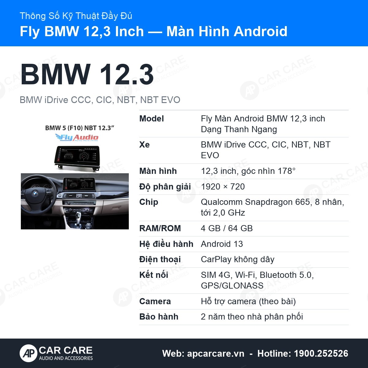 Thông số đầy đủ màn hình Fly BMW 12.3: độ phân giải, chip, kết nối, camera, bảo hành