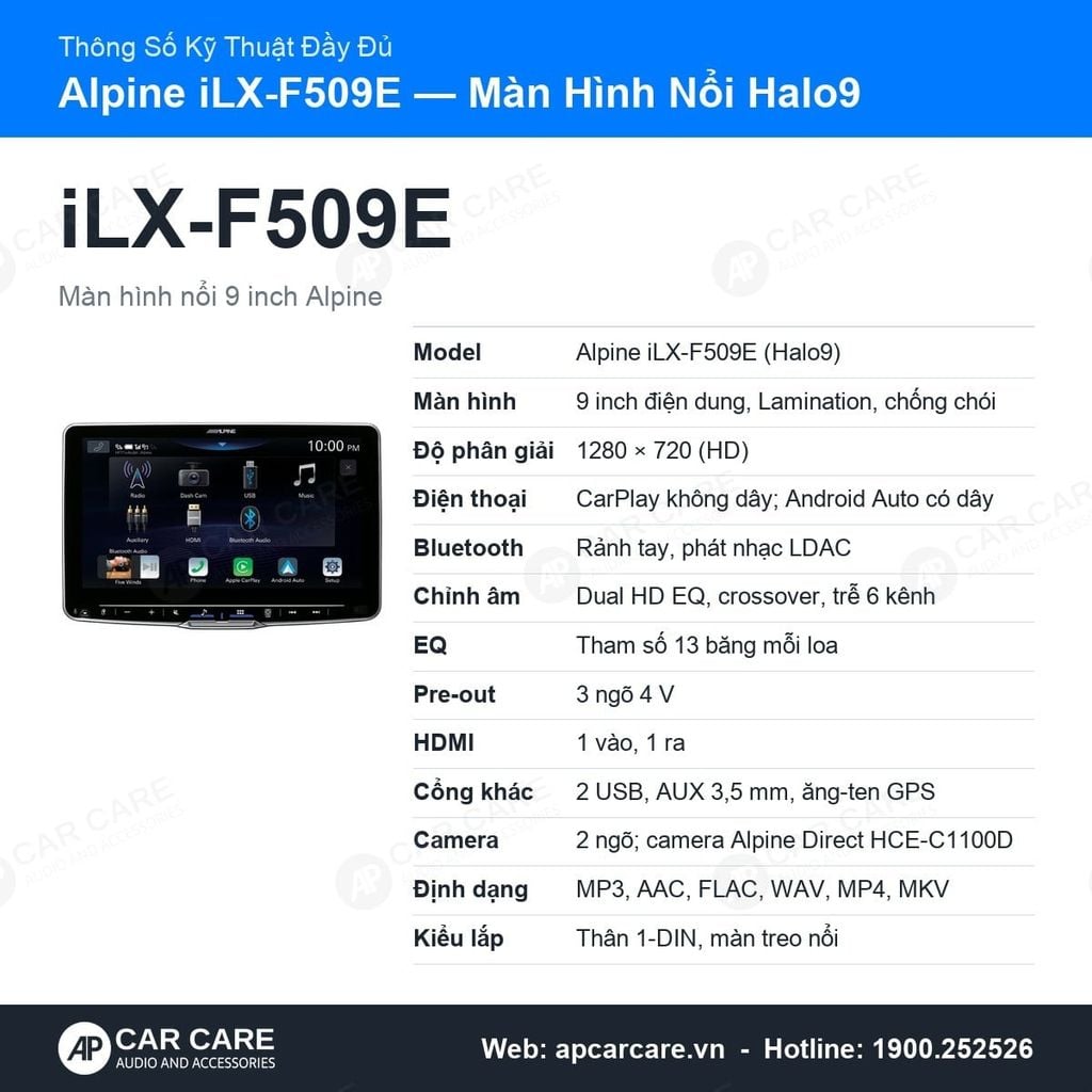 Màn hình nổi Alpine iLX-F509E 9 inch CarPlay không dây/Android Auto