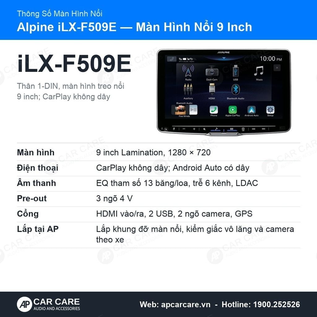 Màn hình nổi Alpine iLX-F509E 9 inch CarPlay không dây/Android Auto