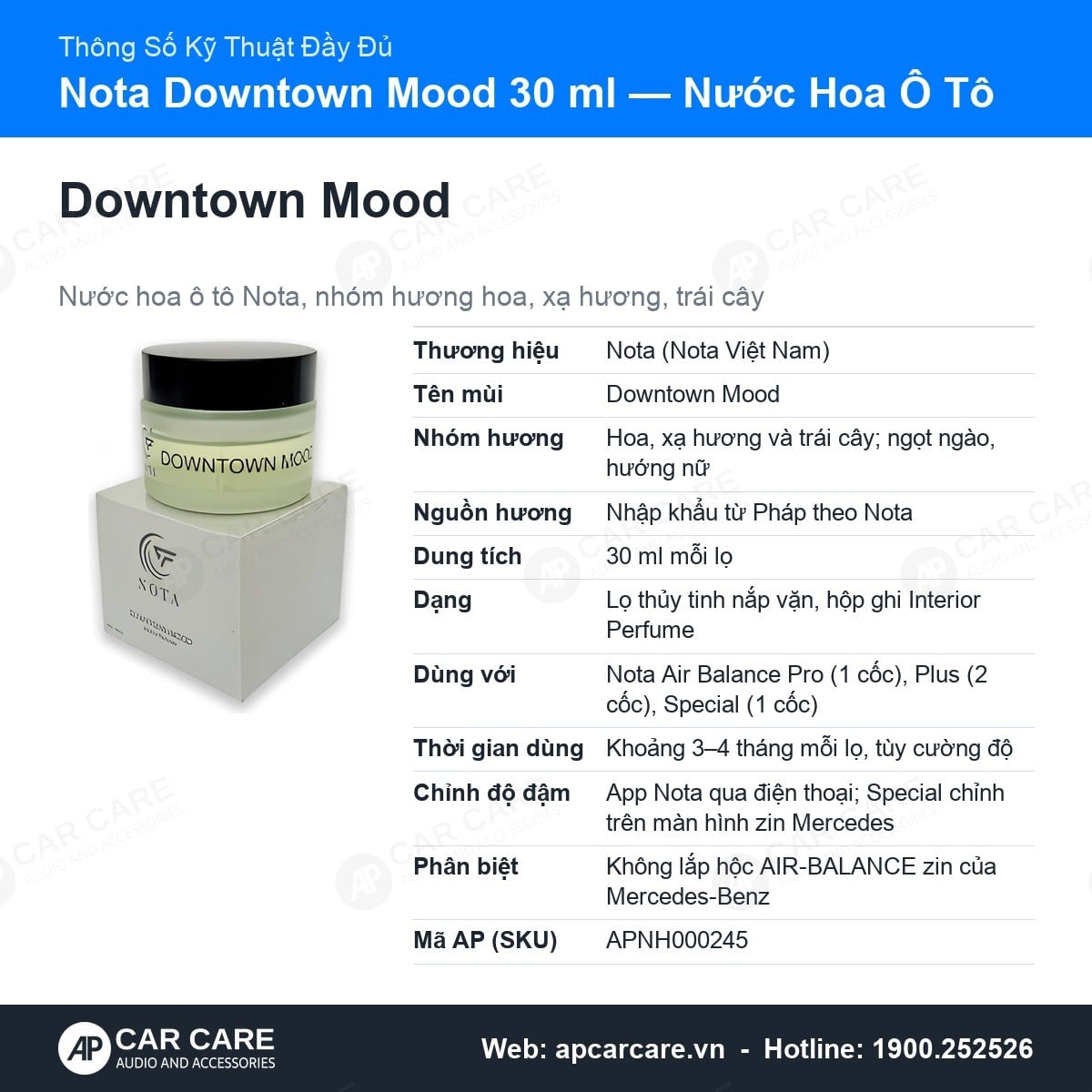 Thông số đầy đủ nước hoa Nota Downtown Mood 30 ml cho máy khuếch tán Nota Air Balance