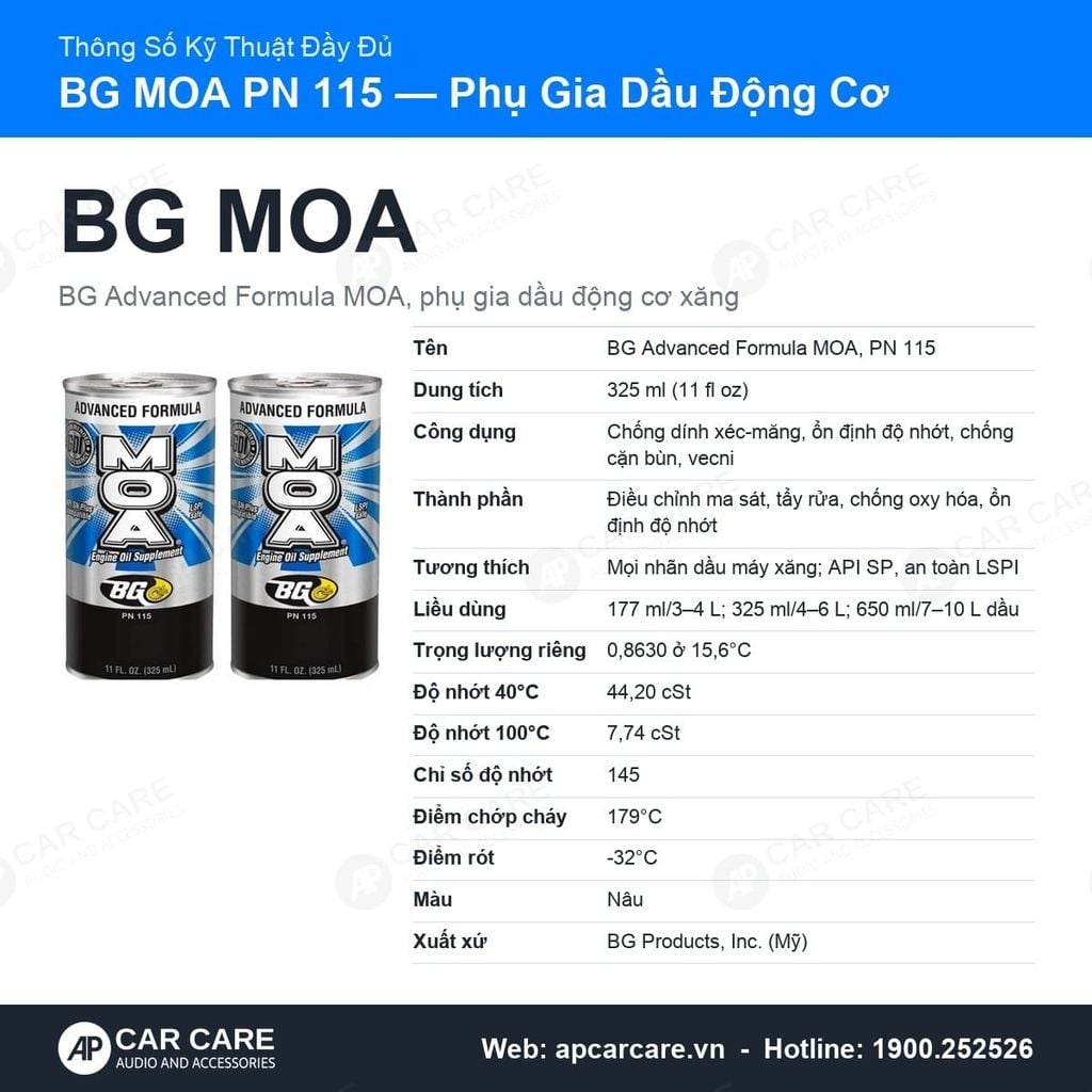 Phụ Gia Nano Bảo Vệ Động Cơ Xăng BG MOA (BG Advanced Formula MOA, Mỹ)