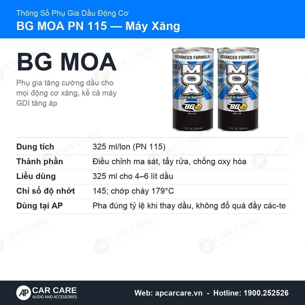 Phụ Gia Nano Bảo Vệ Động Cơ Xăng BG MOA (BG Advanced Formula MOA, Mỹ)