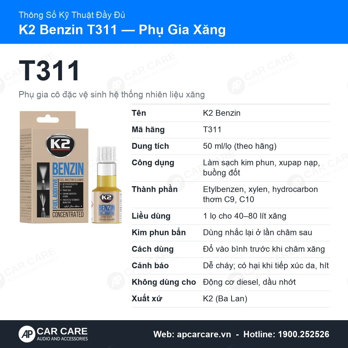 Thẻ thông số kỹ thuật đầy đủ phụ gia xăng K2 Benzin T311 theo trang hãng K2