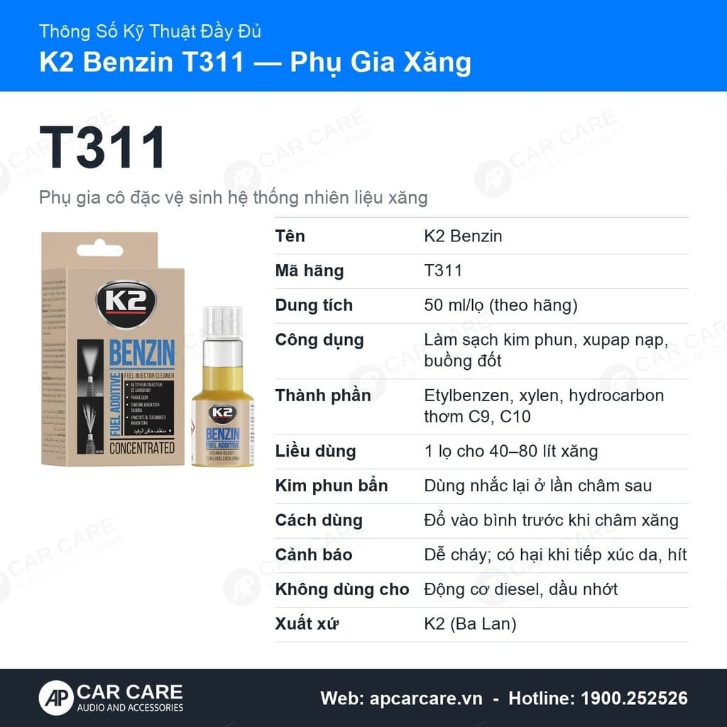Phụ Gia Xăng Ô Tô K2 Benzin Vệ Sinh Kim Phun Xăng Cô Đặc