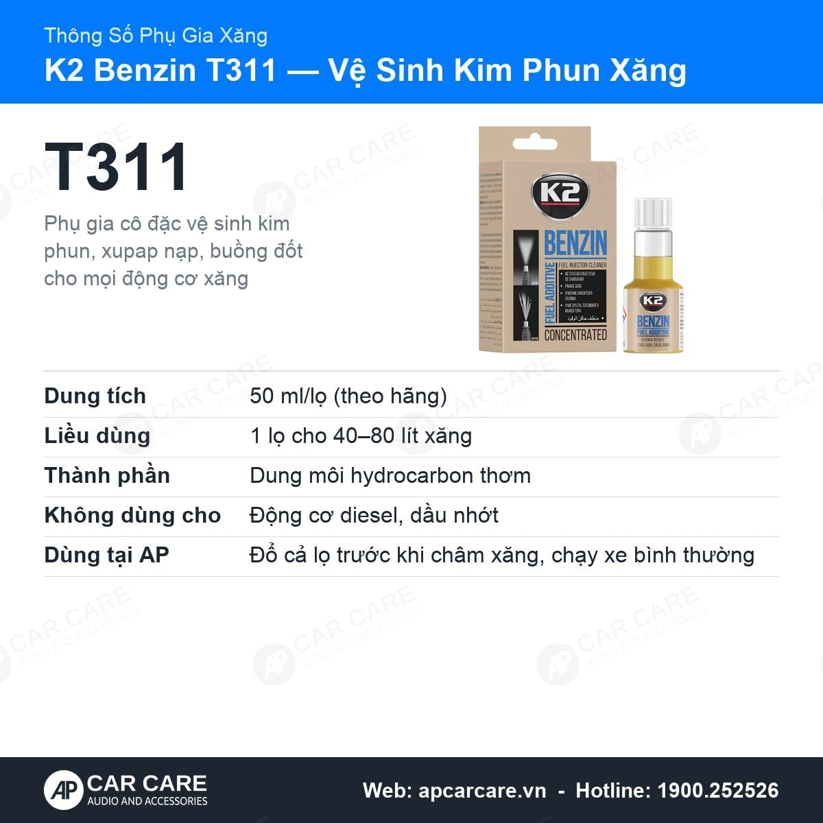 Thẻ thông số chính phụ gia xăng K2 Benzin T311: liều 1 lọ cho 40–80 lít xăng, vệ sinh kim phun