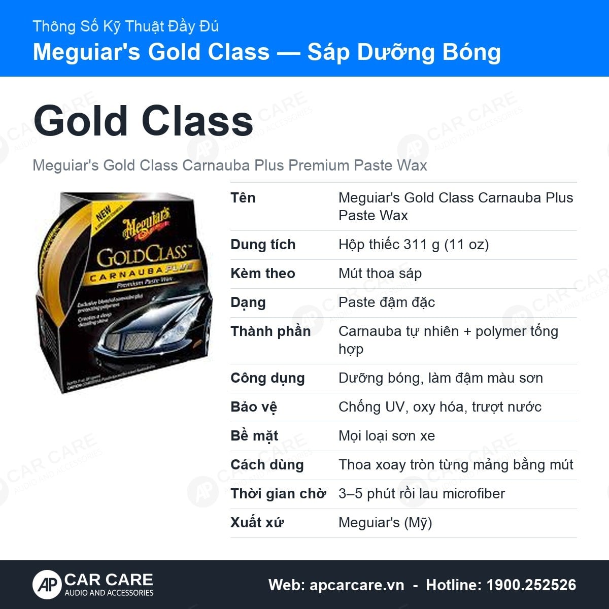 Thẻ thông số kỹ thuật đầy đủ sáp dưỡng bóng sơn Meguiar's Gold Class Carnauba Plus Paste Wax