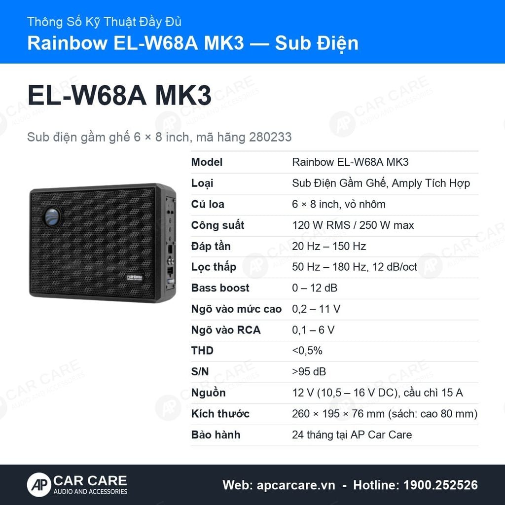 Loa Sub Điện Gầm Ghế Ô Tô Rainbow EL-W68A MK3 6x8 Inch 120W RMS