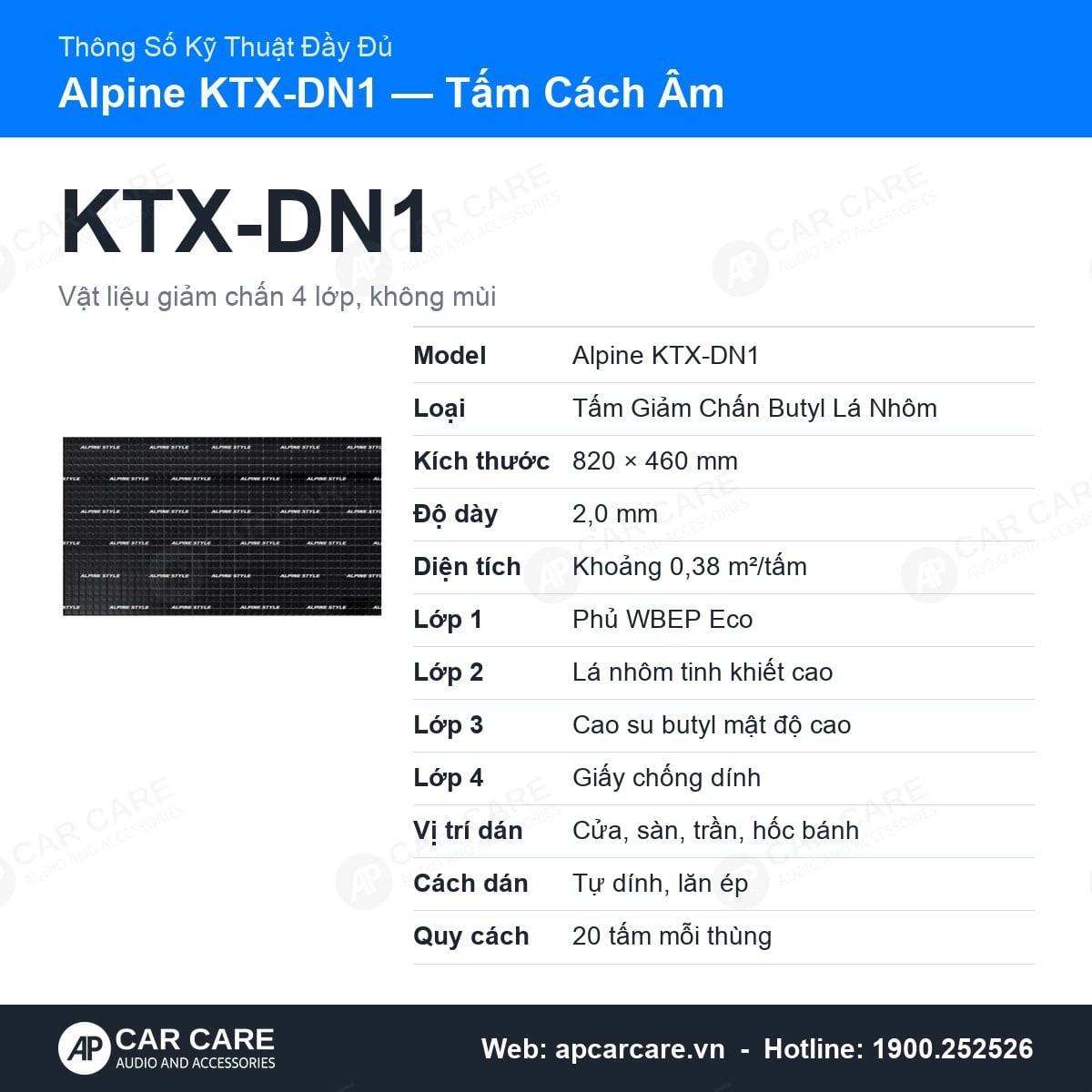 Thông số kỹ thuật đầy đủ Alpine KTX-DN1: các lớp vật liệu, vị trí dán, quy cách