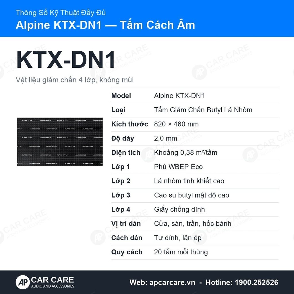 Tấm Cách Âm Ô Tô Alpine KTX-DN1 Dày 2mm Chống Rung