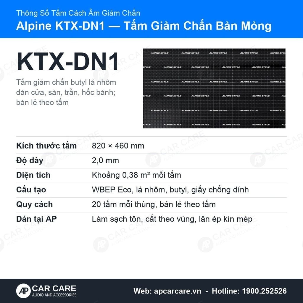 Tấm Cách Âm Ô Tô Alpine KTX-DN1 Dày 2mm Chống Rung