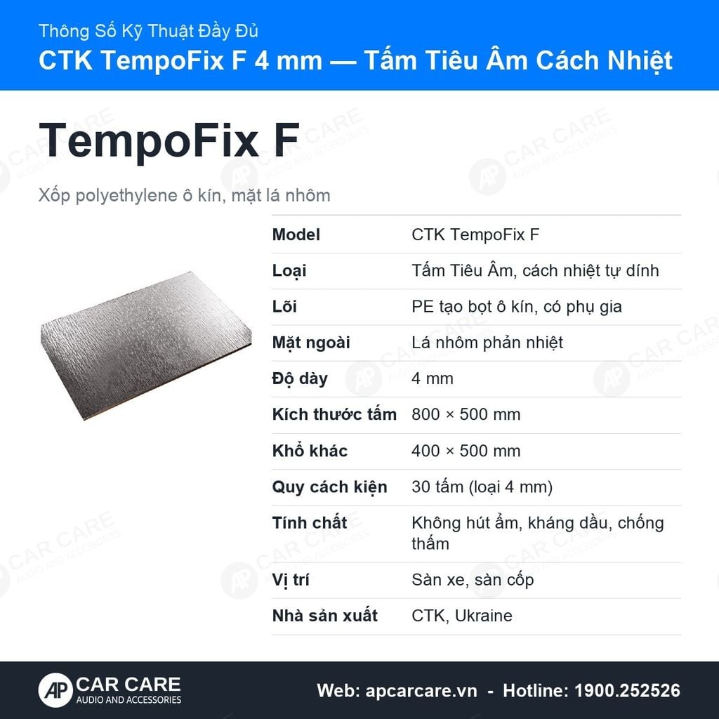 Tấm Tiêu Âm Chống Ồn Ô Tô CTK TempoFix F 4mm Mặt Bạc Cách Nhiệt