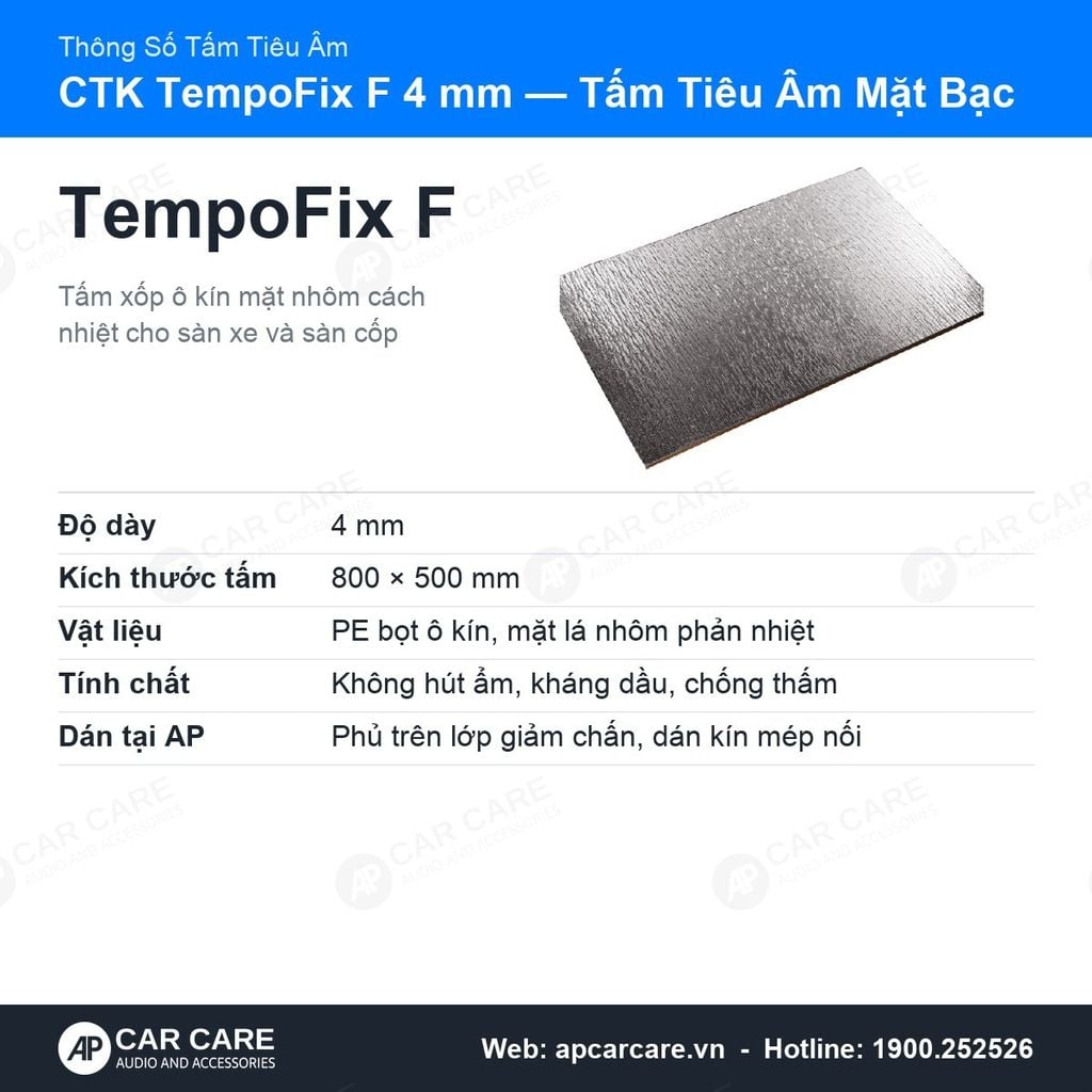 Tấm Tiêu Âm Chống Ồn Ô Tô CTK TempoFix F 4mm Mặt Bạc Cách Nhiệt
