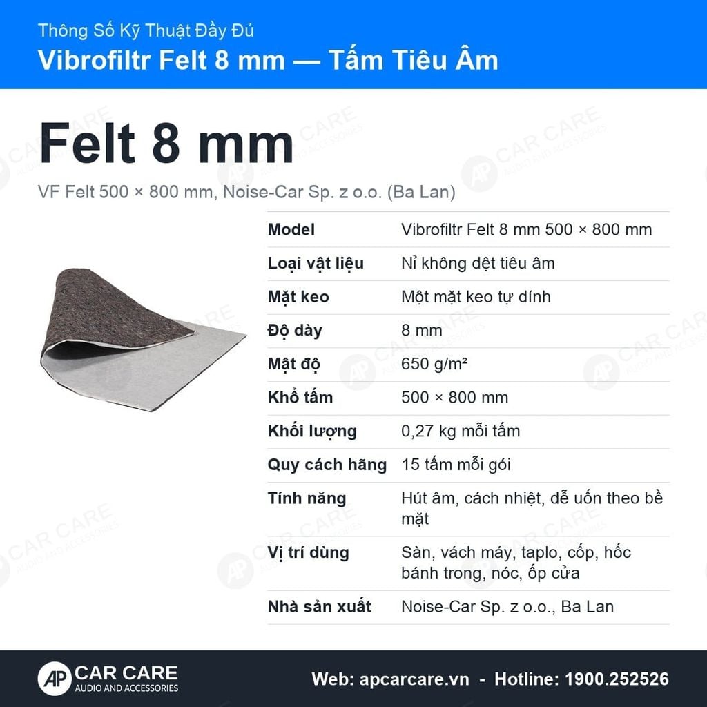 Tấm Tiêu Âm Ô Tô Vibrofiltr Felt 8mm