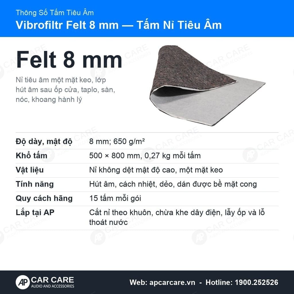 Tấm Tiêu Âm Ô Tô Vibrofiltr Felt 8mm